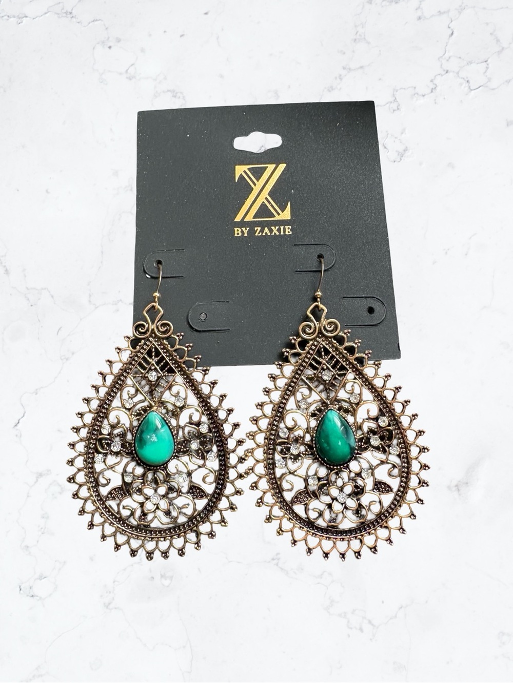 Gold Filigree Teardrop Earrings with Green Stone